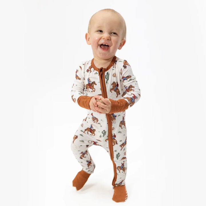infant bamboo convertible romper with western buckaroo print featuring cowboy hats and boot