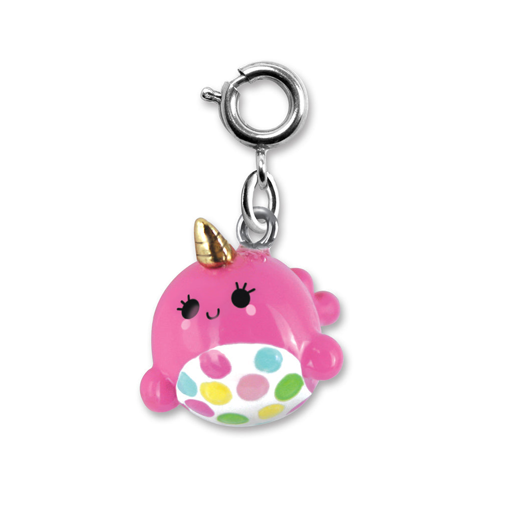 Side view of the Charm It Pink Narwhal kids charm showing its 3D horn