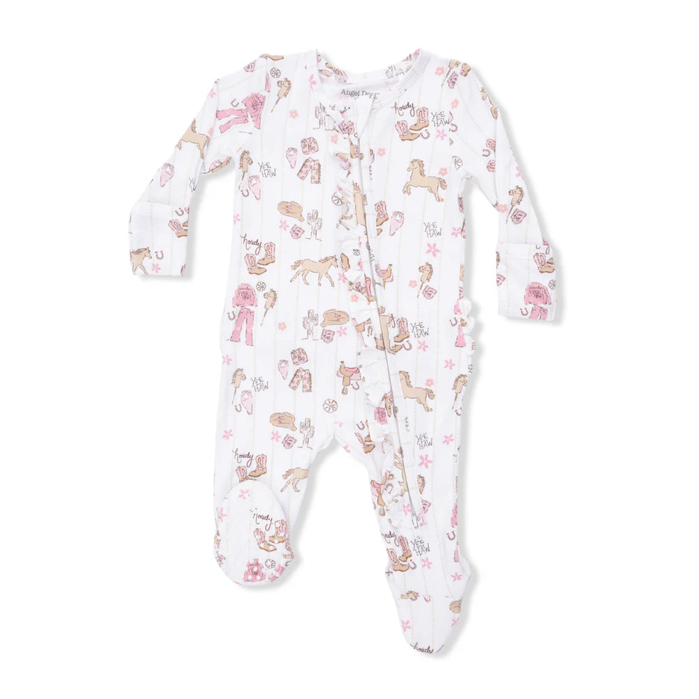 Baby girl bamboo ruffle footie in Cowgirl Nursery print with pink western hats and boots
