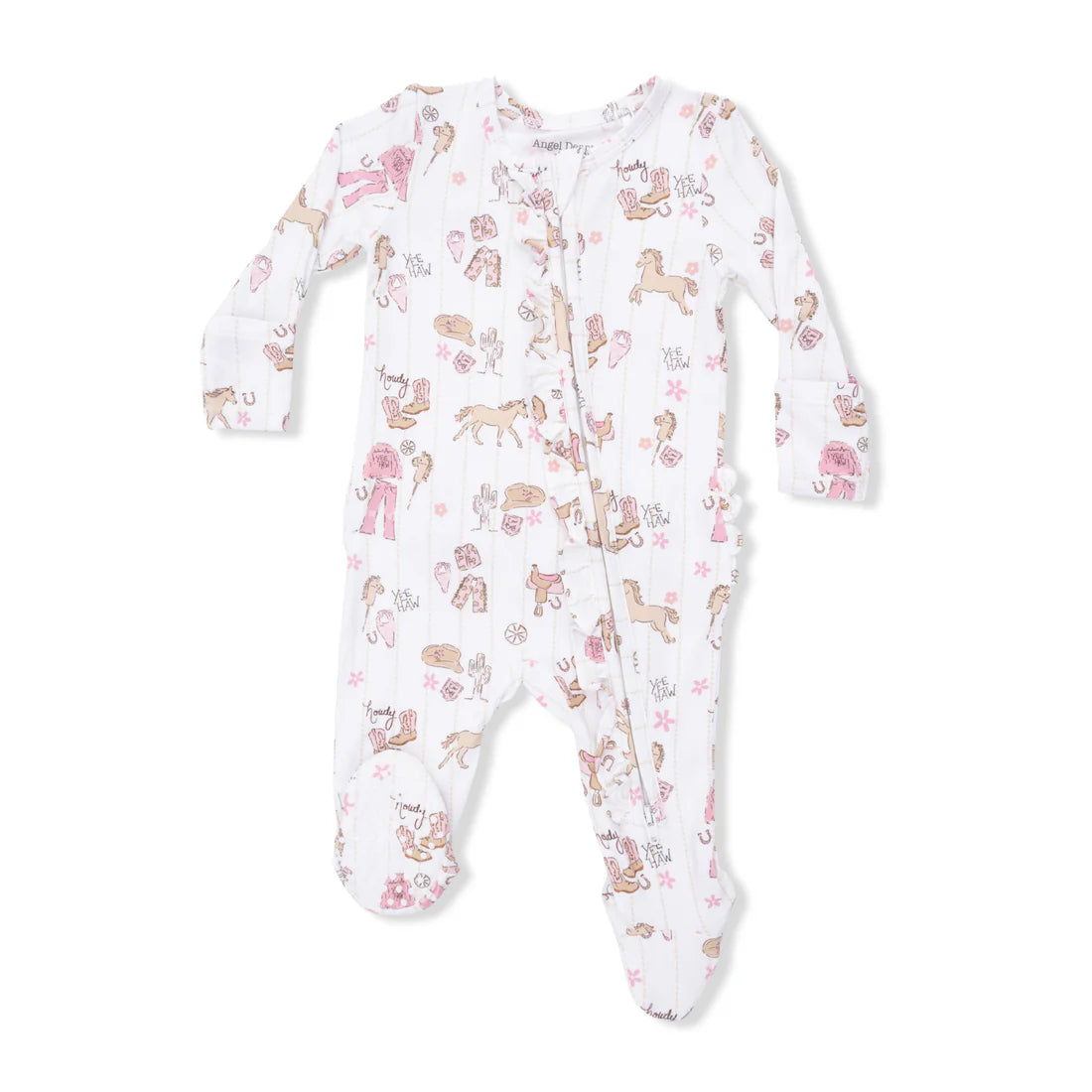 Baby girl bamboo ruffle footie in Cowgirl Nursery print with pink western hats and boots
