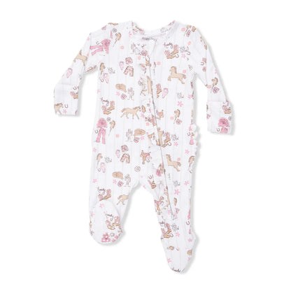 Baby girl bamboo ruffle footie in Cowgirl Nursery print with pink western hats and boots