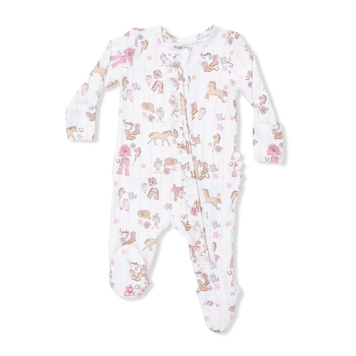 Baby girl bamboo ruffle footie in Cowgirl Nursery print with pink western hats and boots