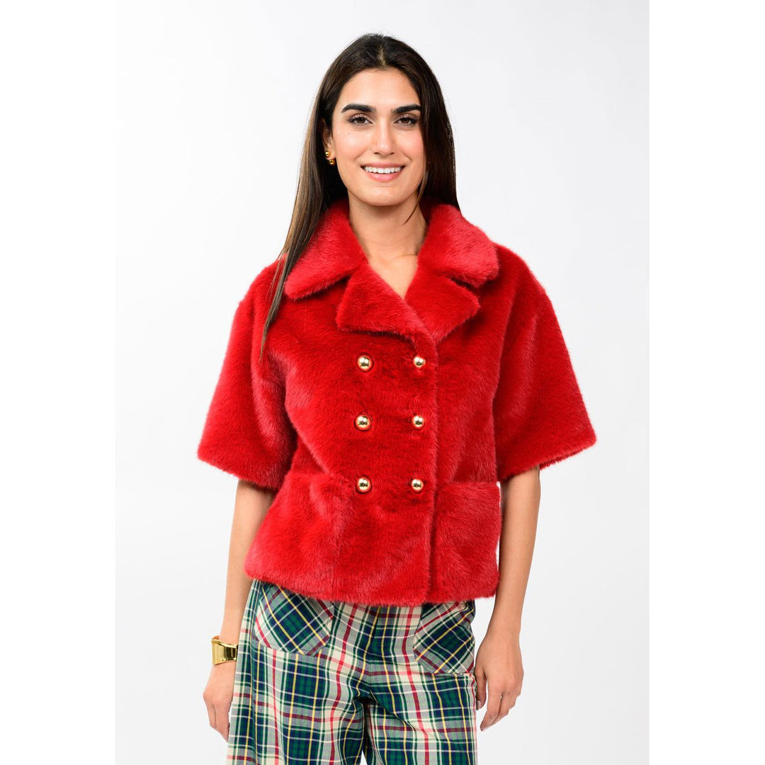Ivy Jane red double breasted faux fur jacket, boutique women&