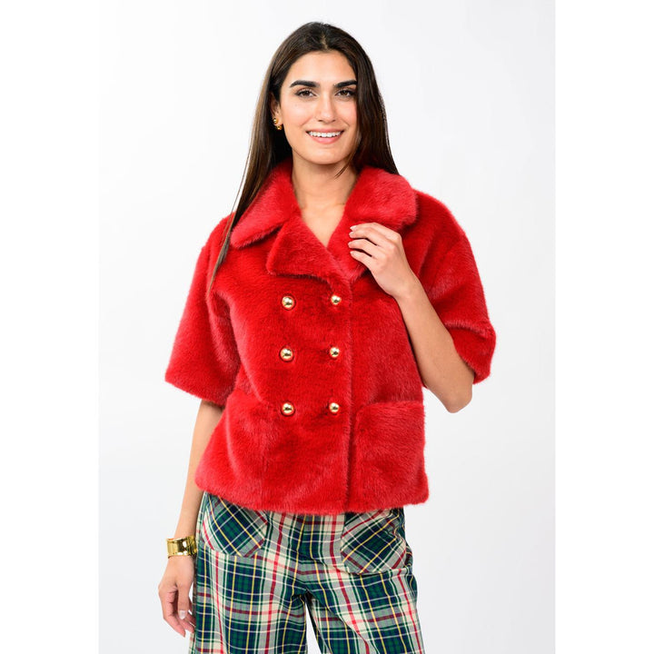 Red double breasted faux fur jacket from Ivy Jane, shop Bella Gifts from the Heart in Crockett TX