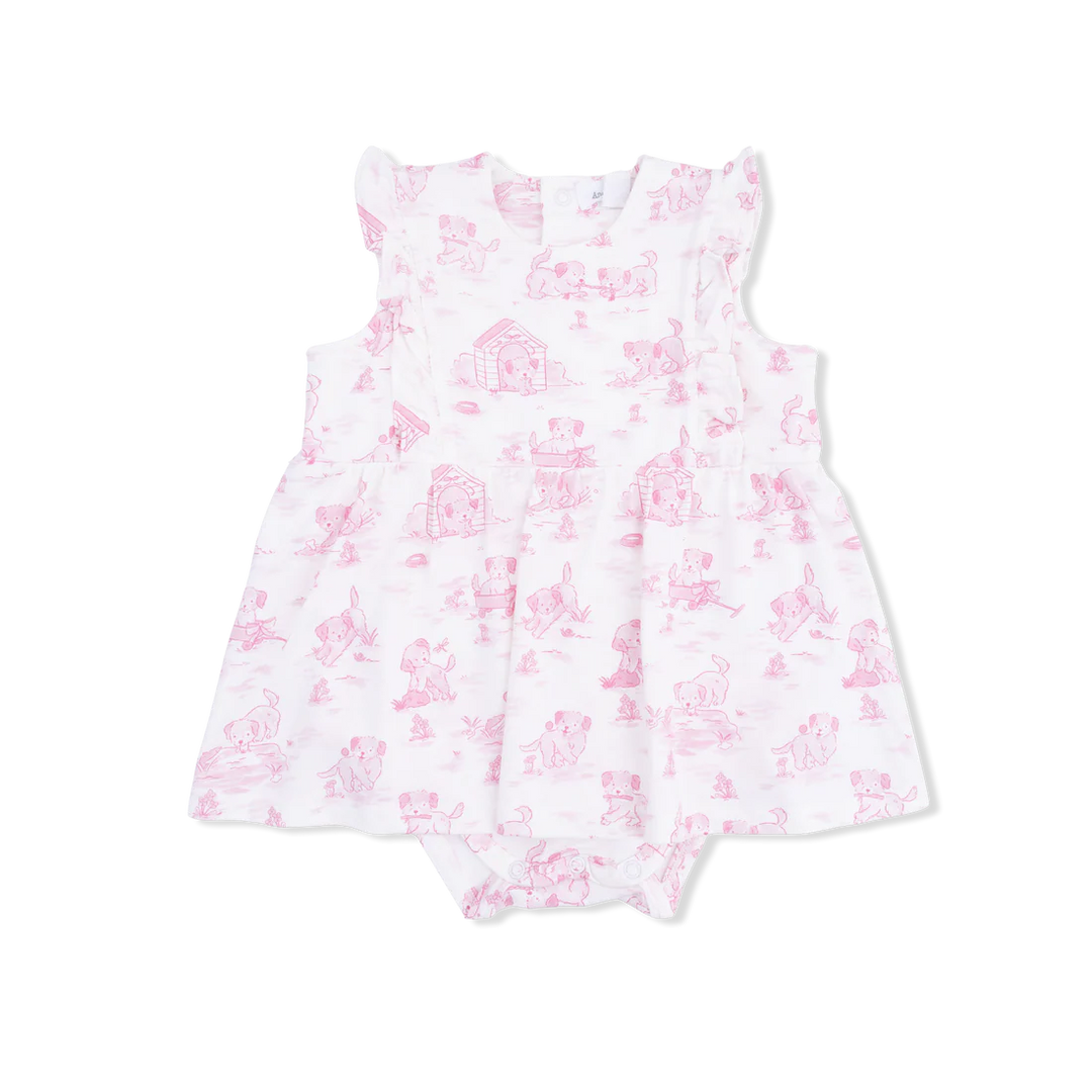 Baby girl pink bamboo ruffle bodysuit dress with puppy toile print