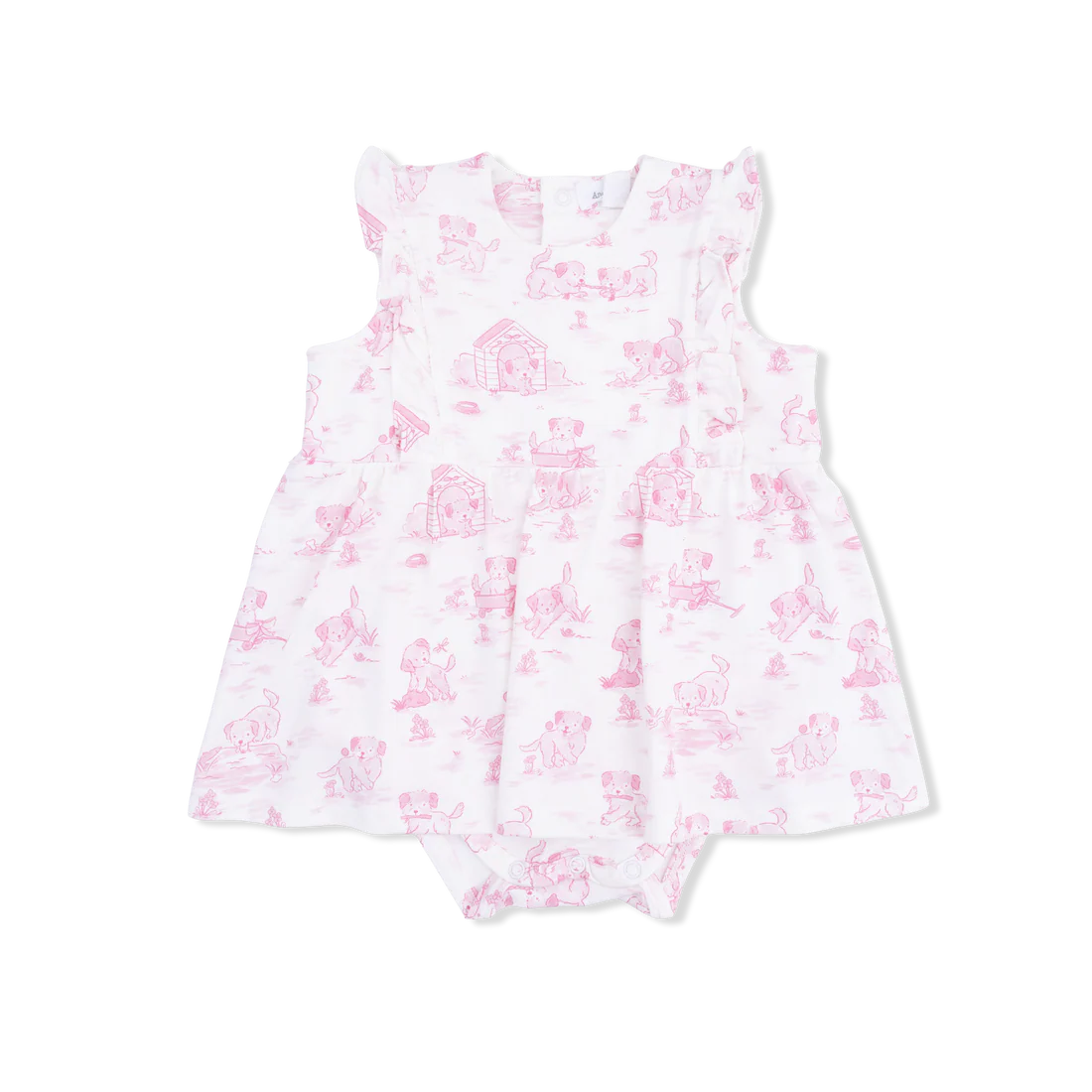 Baby girl pink bamboo ruffle bodysuit dress with puppy toile print