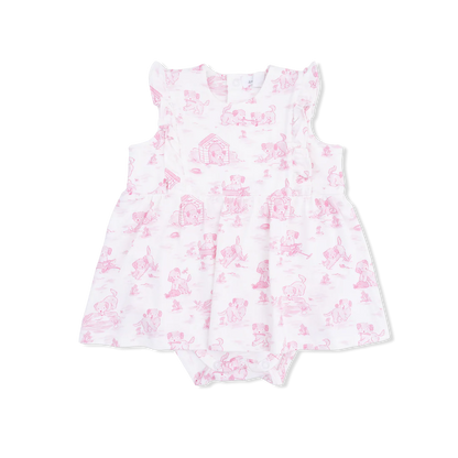 Baby girl pink bamboo ruffle bodysuit dress with puppy toile print