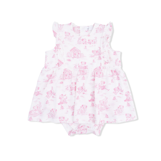 Baby girl pink bamboo ruffle bodysuit dress with puppy toile print