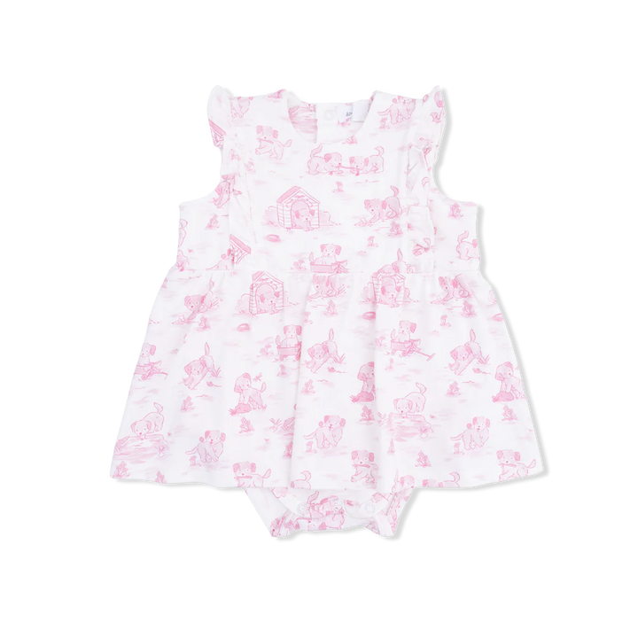 Baby girl pink bamboo ruffle bodysuit dress with puppy toile print