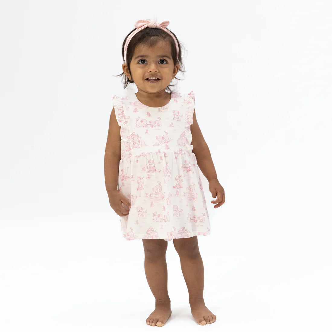 Puppy Toile Pink Bamboo Ruffle Bodysuit Dress | Angel Dear