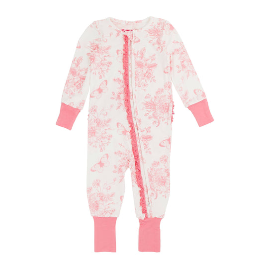 Baby Girls Pink Butterfly Garden Toile Bamboo Viscose Convertible Ruffle One Piece Pajama