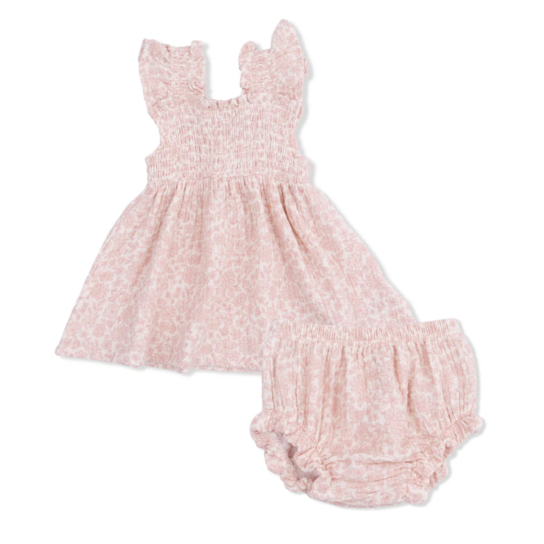 Baby girl floral organic muslin tunic and matching bloomer set with smocked chest