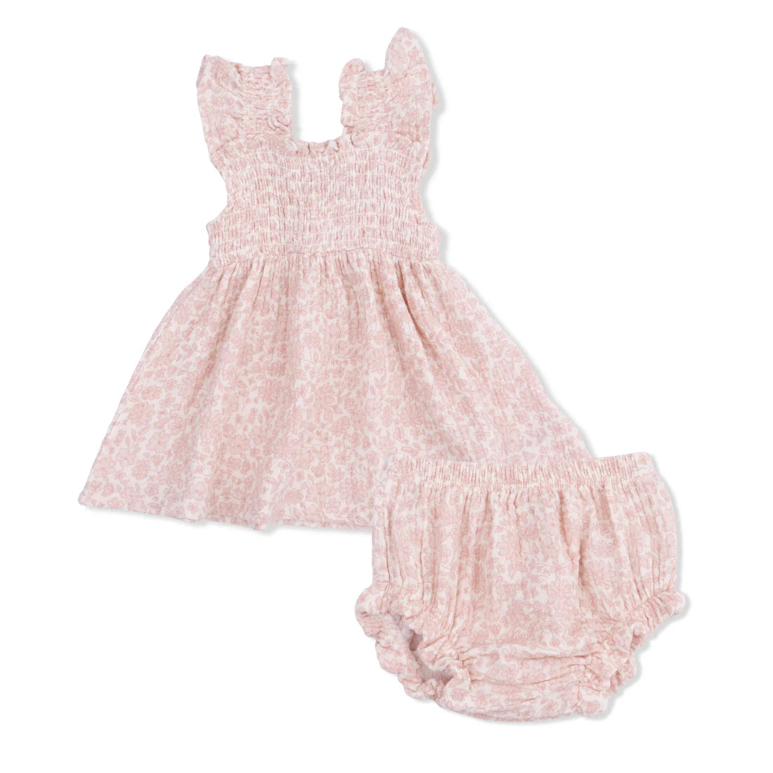 Baby girl floral organic muslin tunic and matching bloomer set with smocked chest