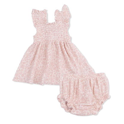Baby girl floral organic muslin tunic and matching bloomer set with smocked chest