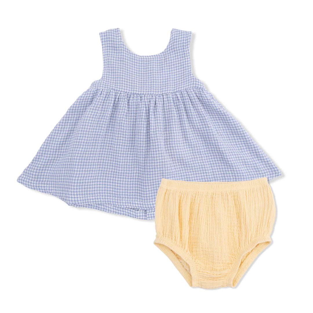 Baby girl light blue micro gingham organic muslin dress with back bow and matching bloomers
