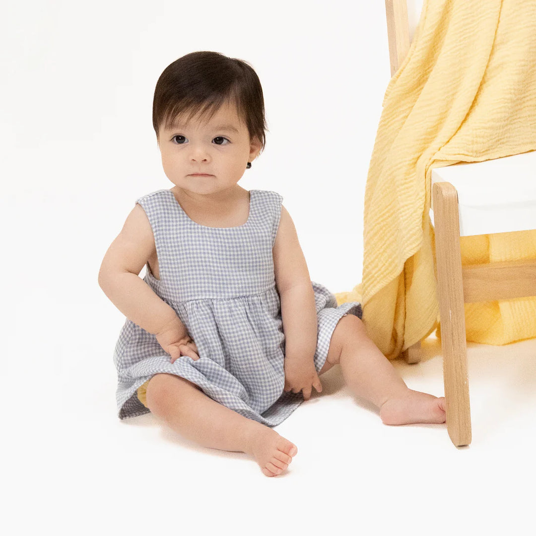Blue Blizzard Organic Muslin Micro Gingham Dress &amp; Bloomer Set | Angel Dear