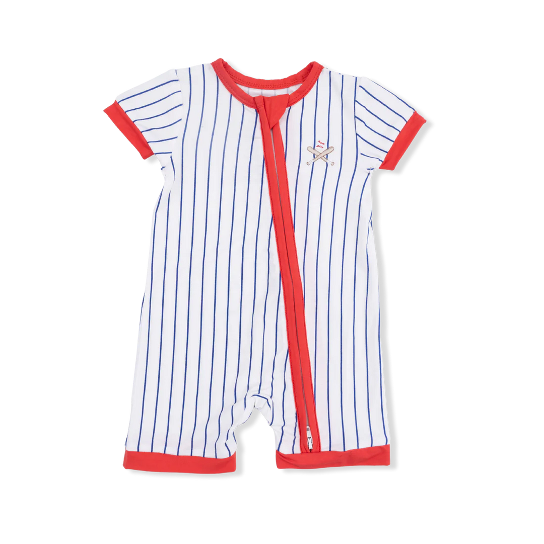 Baby boy white and blue baseball stripe bamboo shortie romper with baseball embroidery