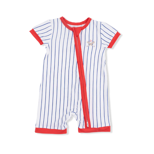 Baby boy white and blue baseball stripe bamboo shortie romper with baseball embroidery