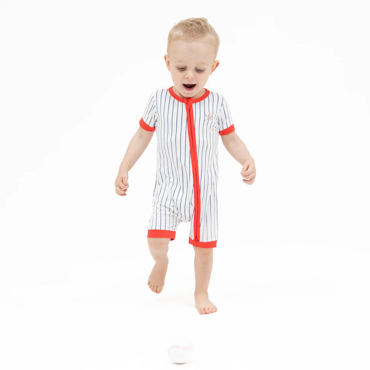 Baseball Stripe Bamboo Shortie 2-Way Zipper Romper | Angel Dear