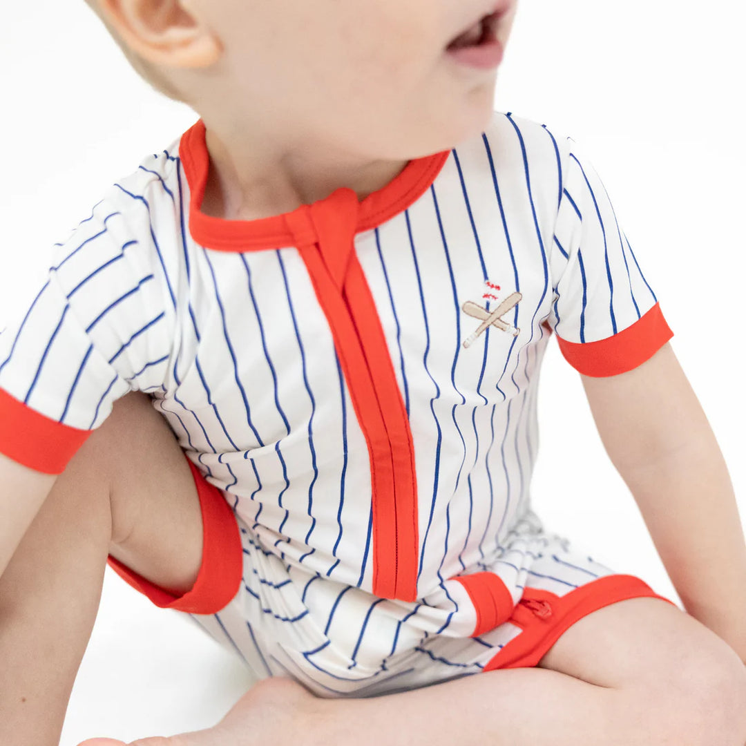 Baseball Stripe Bamboo Shortie 2-Way Zipper Romper | Angel Dear