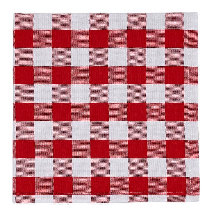 Set of 6 Tango orange and white checkered cotton napkins folded neatly on a white surface.

