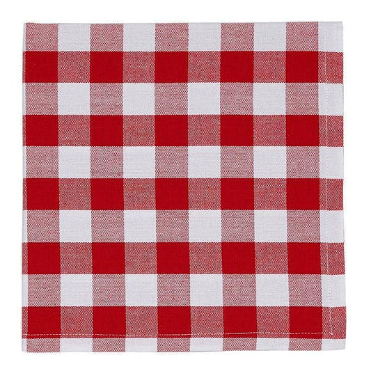 Set of 6 Tango orange and white checkered cotton napkins folded neatly on a white surface.

