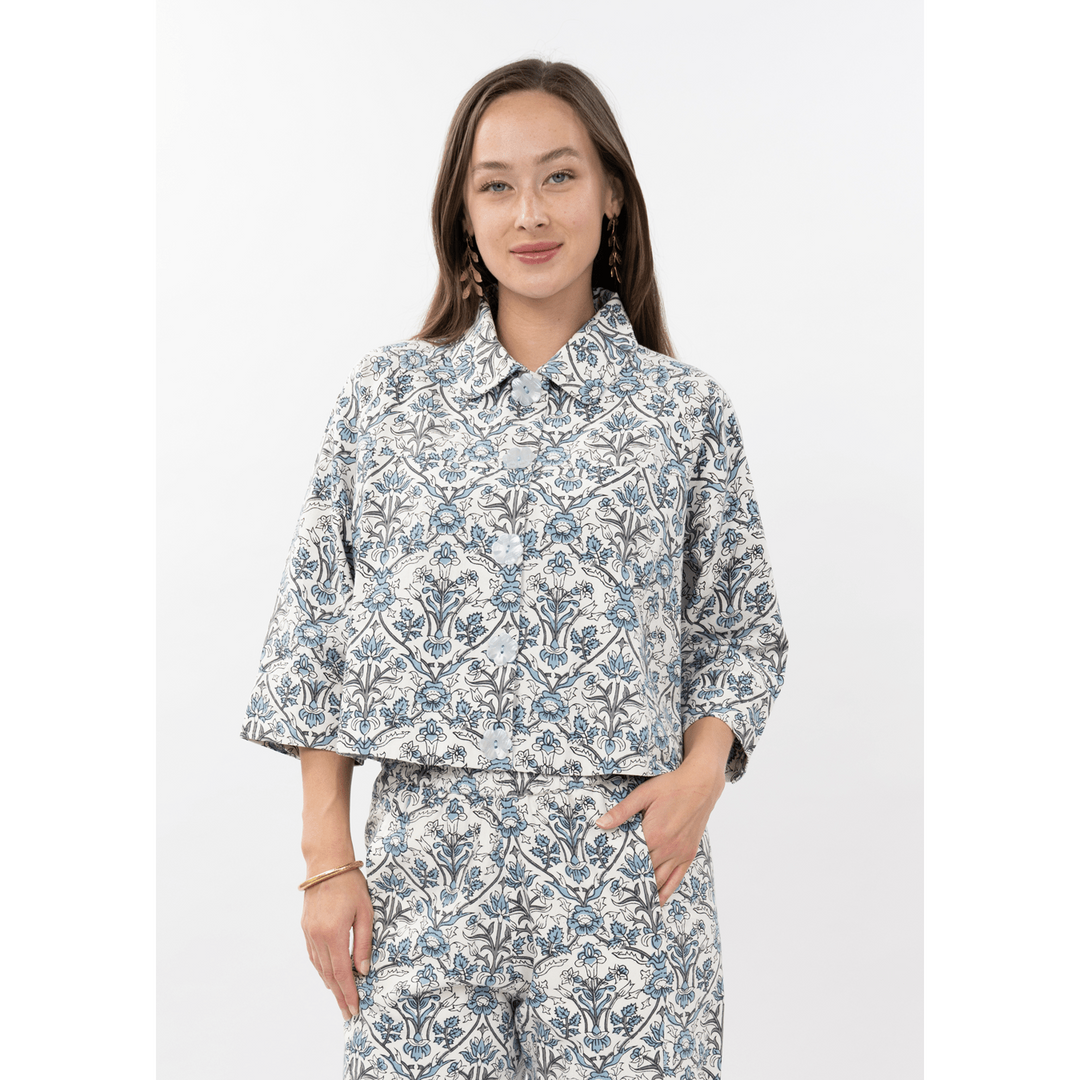 Ivy Jane Tole Swing Jacket - Blue &amp; Ivory Toile Print Lightweight Layer