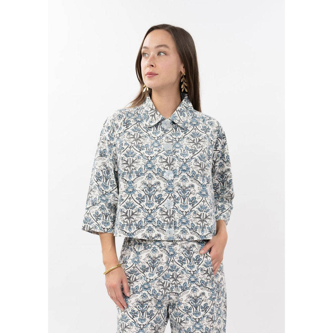 Ivy Jane Tole Swing Jacket - Blue &amp; Ivory Toile Print Lightweight Layer