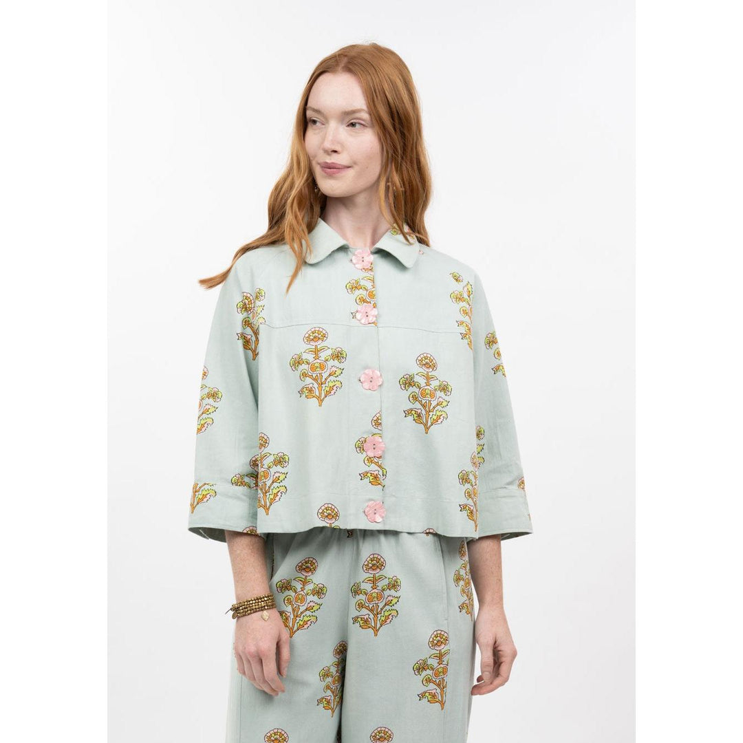 Ivy Jane "The Sienna" Floral Print Swing Jacket - Aqua &amp; Mustard Block Print