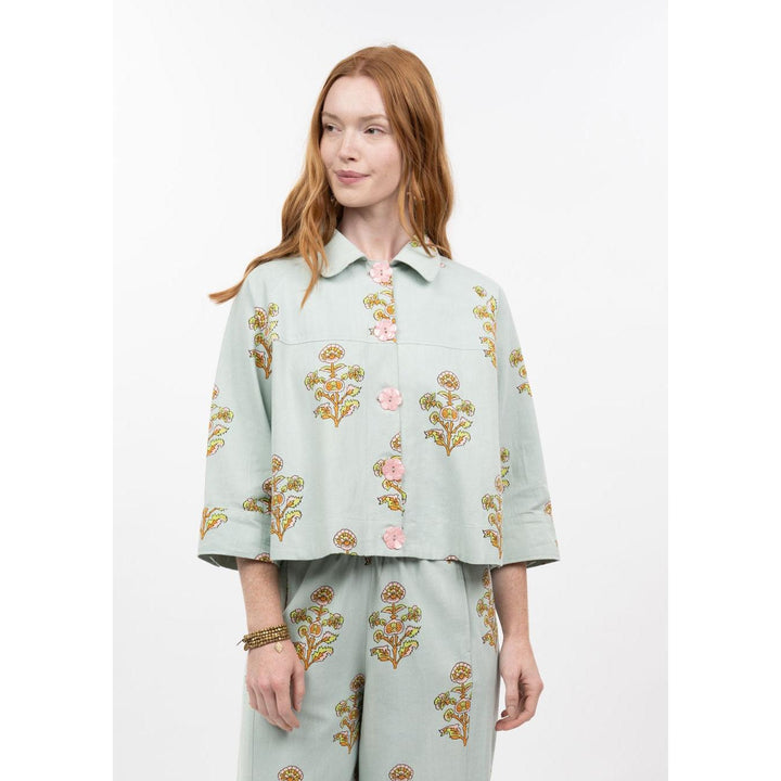 Ivy Jane "The Sienna" Floral Print Swing Jacket - Aqua &amp; Mustard Block Print