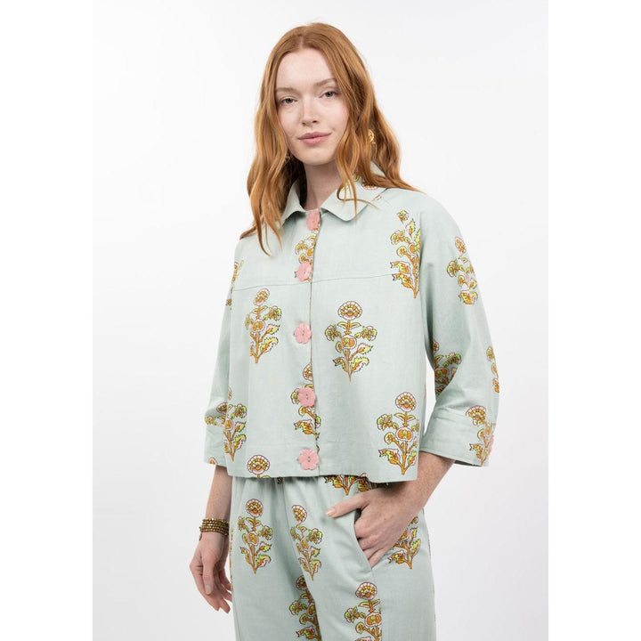 Ivy Jane "The Sienna" Floral Print Swing Jacket - Aqua &amp; Mustard Block Print