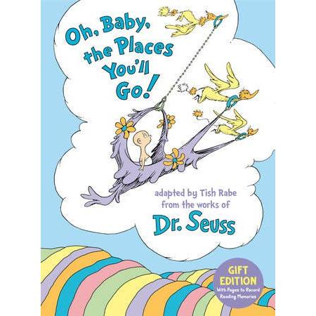 Front cover of "Oh, Baby, the Places You'll Go!" featuring classic Dr. Seuss characters like the Cat in the Hat and Horton the Elephant.