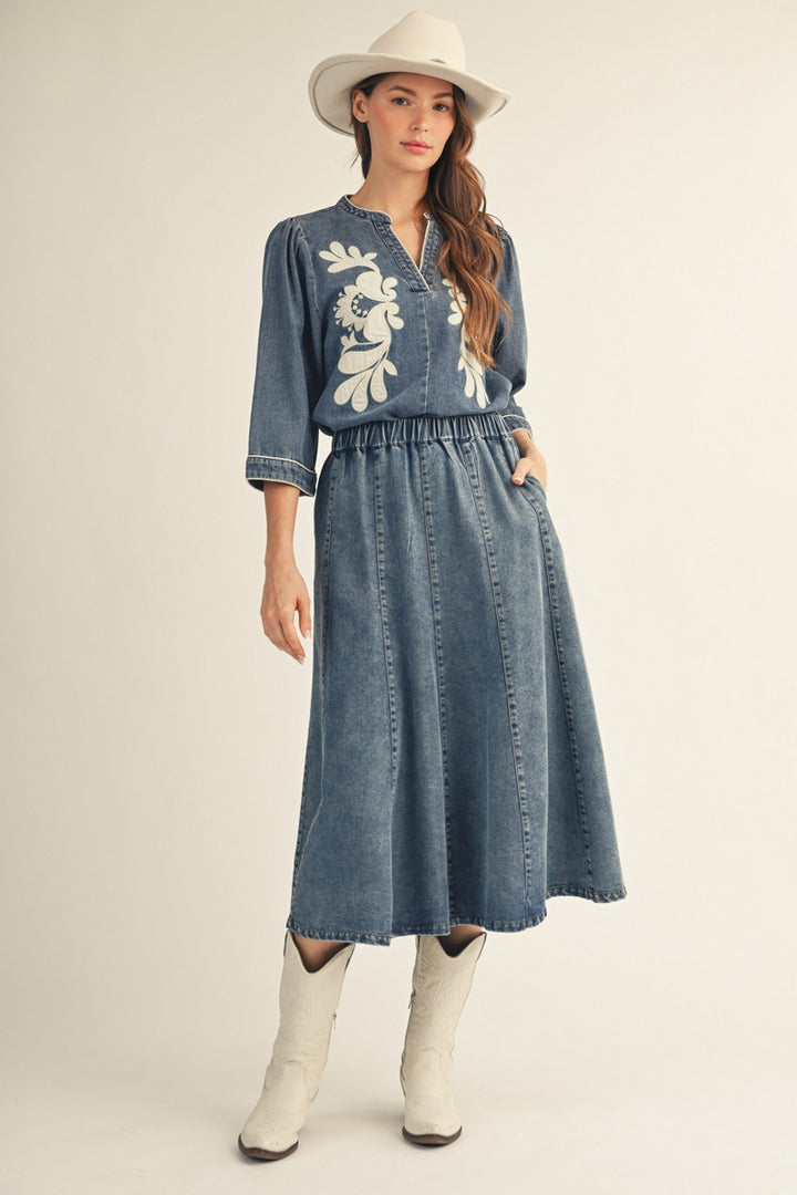 Jodifl 3/4 Sleeve Washed Denim Floral Applique Top - Denim
