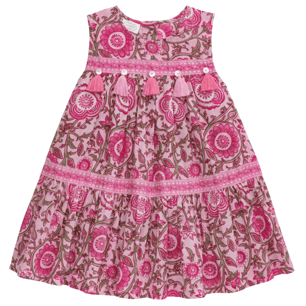 Pink Floral Tiered Dress for girls featuring a contrast block print design, tassel details, and 100% cotton voile fabric.