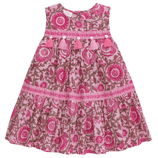 Pink Floral Tiered Dress for girls featuring a contrast block print design, tassel details, and 100% cotton voile fabric.