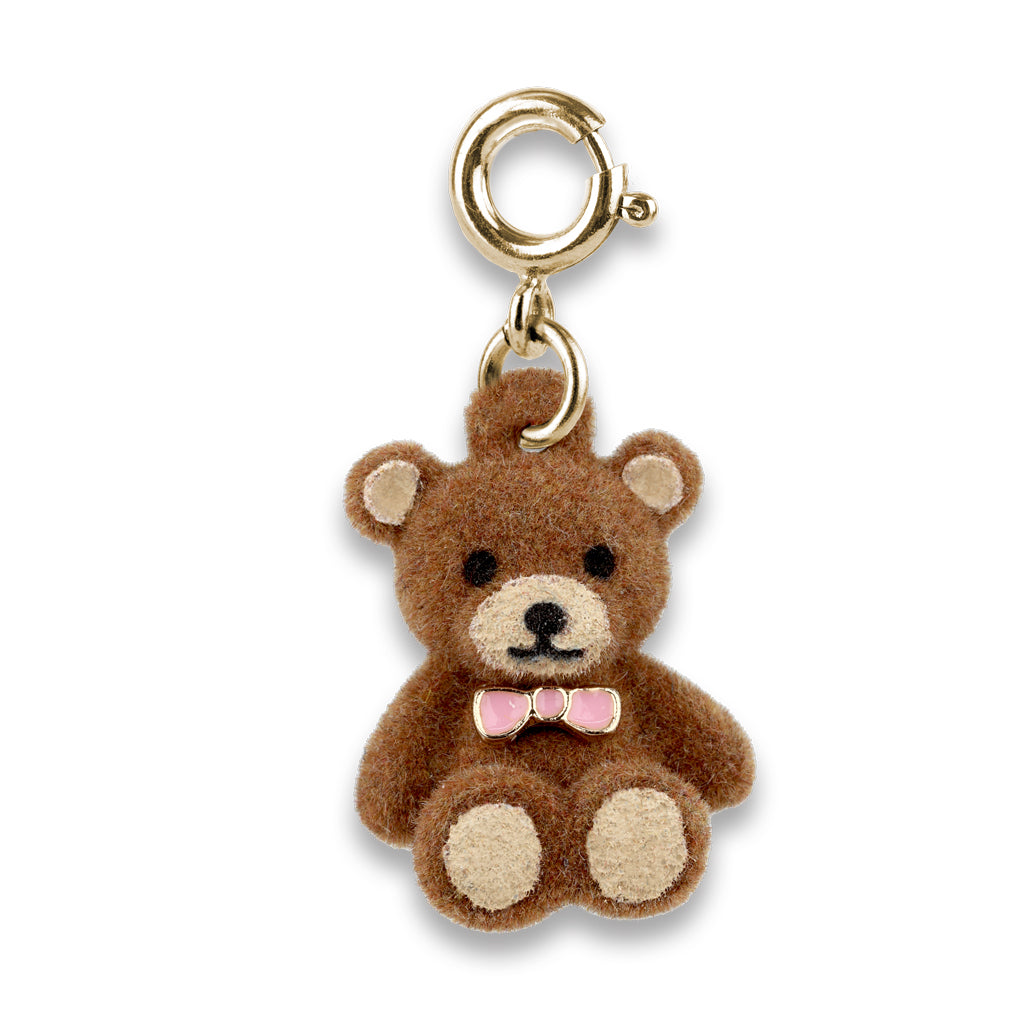 Charm It Gold Fuzzy Bear charm, a flocked teddy bear charm with bow tie for girls