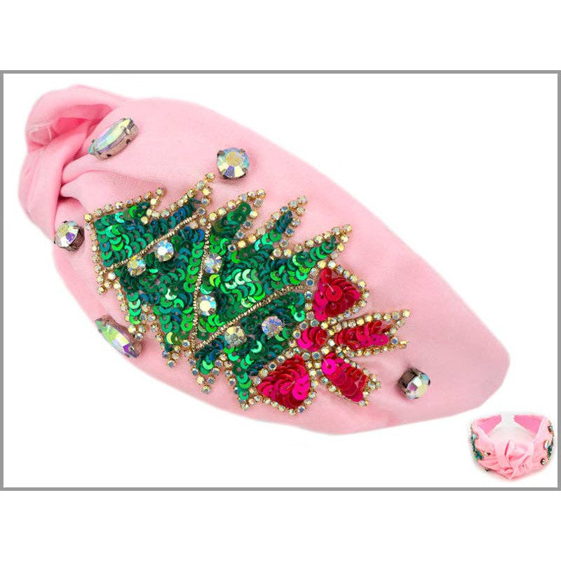 Pink Headband with Green Christmas Tree and Pink Bow