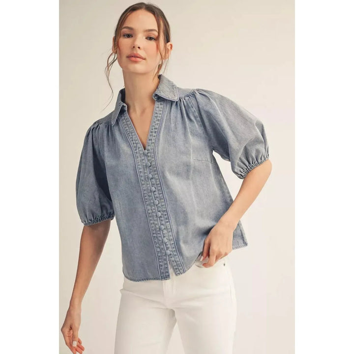 Jodifl River washed denim button-down top with short puff sleeves and a classic collar.