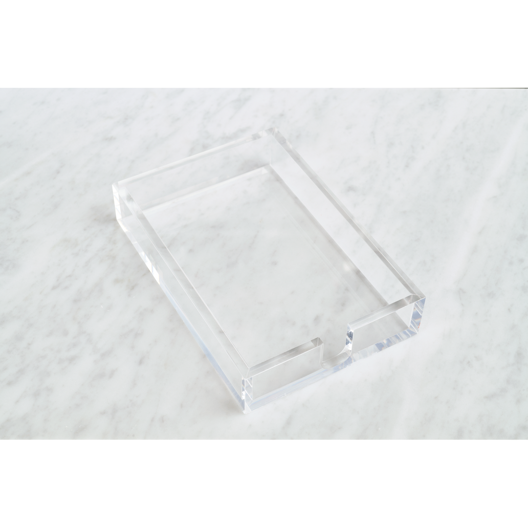 Clear acrylic 4x6 notepad holder on a white marble surface - Desk organization by Taylor Paladino
