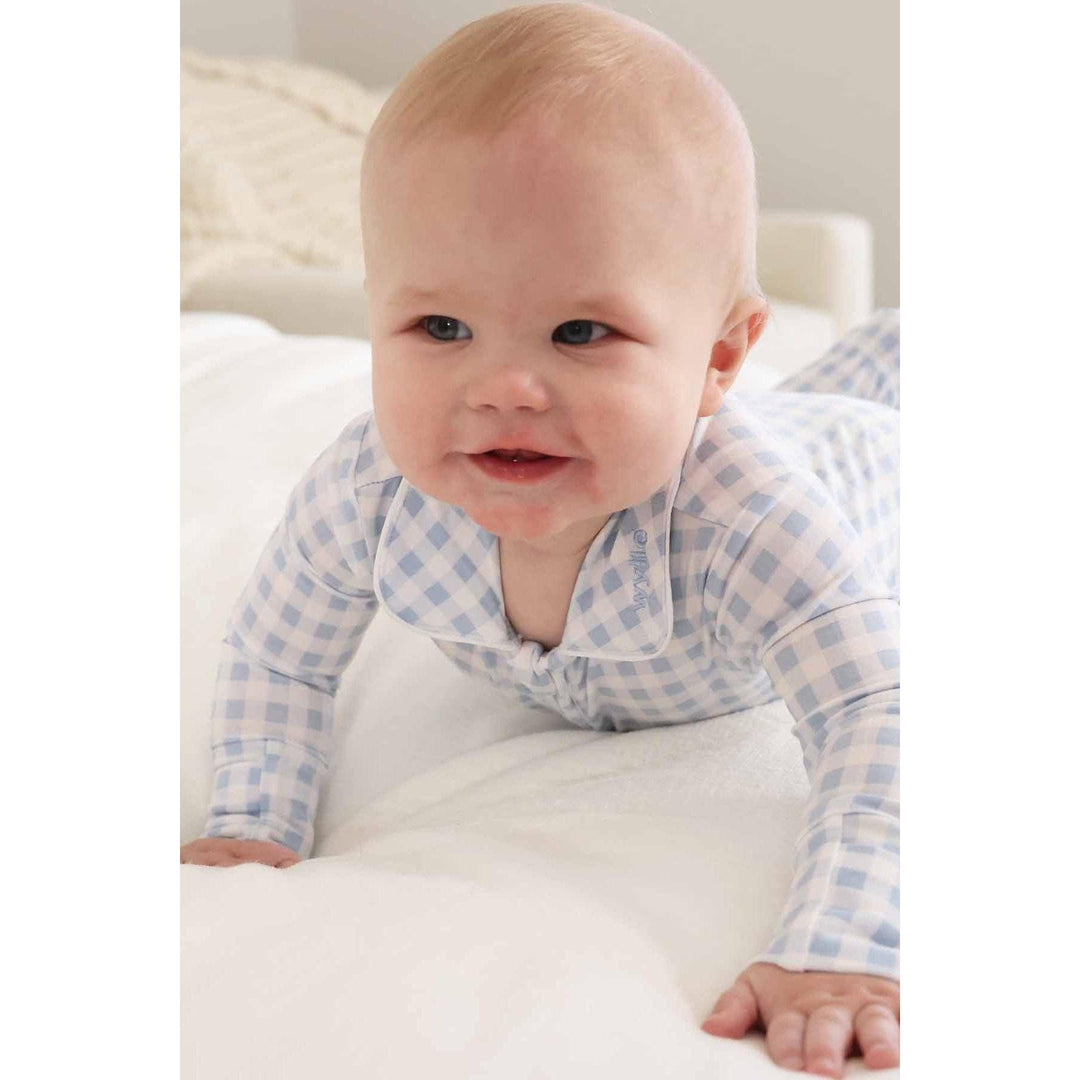 Peter Pan Collar Zipper Footie | Dusty Blue Gingham