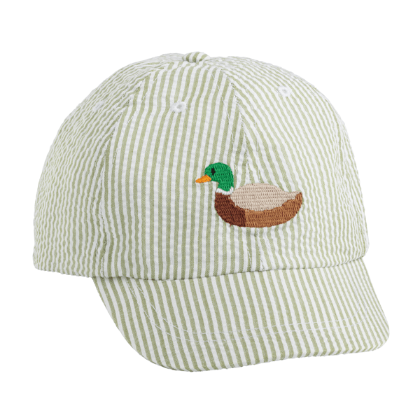 Toddler boys' blue and white striped seersucker baseball hat with an embroidered mallard duck.