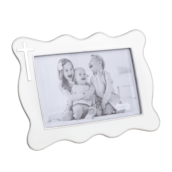 Mud Pie Enamel Cross Frame in white and silver with a 4x6 photo opening and ruffle edge detail.