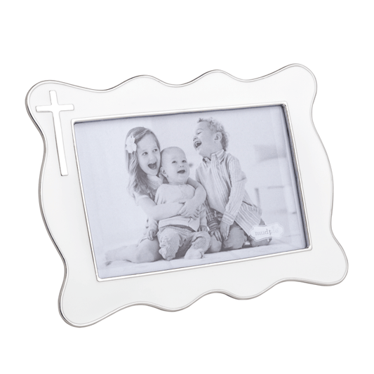 Mud Pie Enamel Cross Frame in white and silver with a 4x6 photo opening and ruffle edge detail.