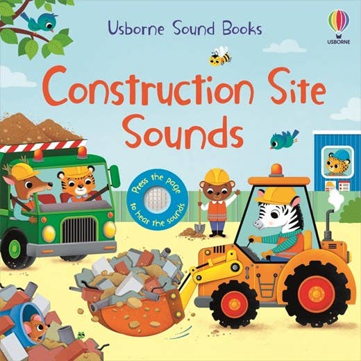 Front cover of "Construction Site Sounds" by Sam Taplin, showing an orange excavator and a dump truck with 10 sound buttons visible on the side panel. 1    
Construction Site Sounds | Usborne | Be Curious
Source icon
Usborne


