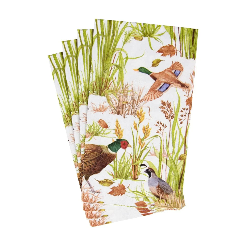 Caspari Birds of a Feather triple-ply paper guest napkins for fall and Thanksgiving.