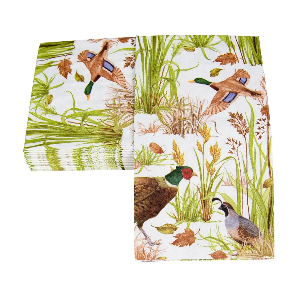 Caspari Birds of a Feather triple-ply paper guest napkins for fall and Thanksgiving.