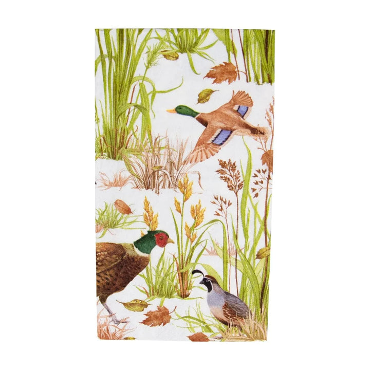 Caspari Birds of a Feather Guest Towels featuring beautiful pheasants, quail, and mallard ducks.