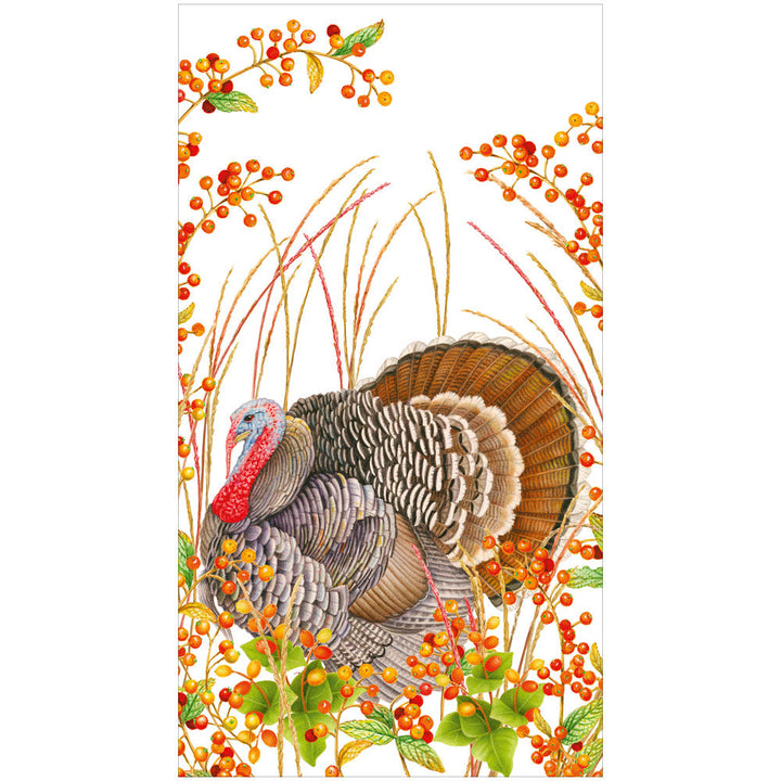 Caspari Turkey and Berries triple-ply paper guest towels perfect for Thanksgiving hosting and buffets.