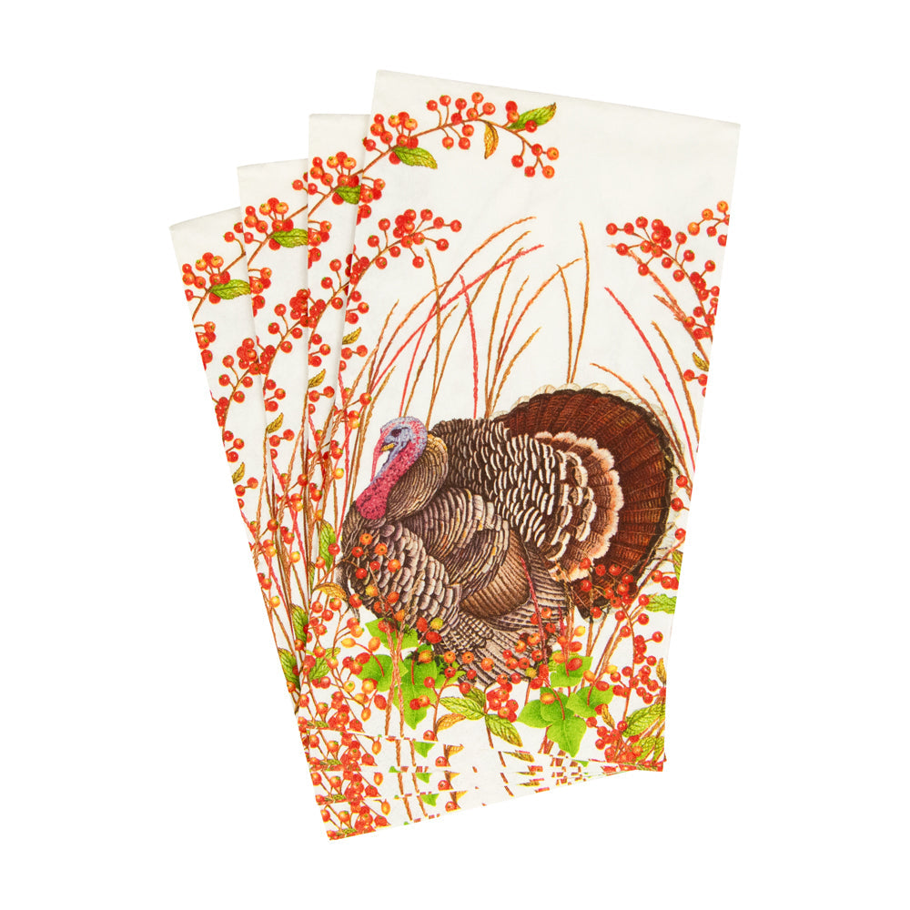 Caspari Turkey and Berries triple-ply paper guest towels perfect for Thanksgiving hosting and buffets.