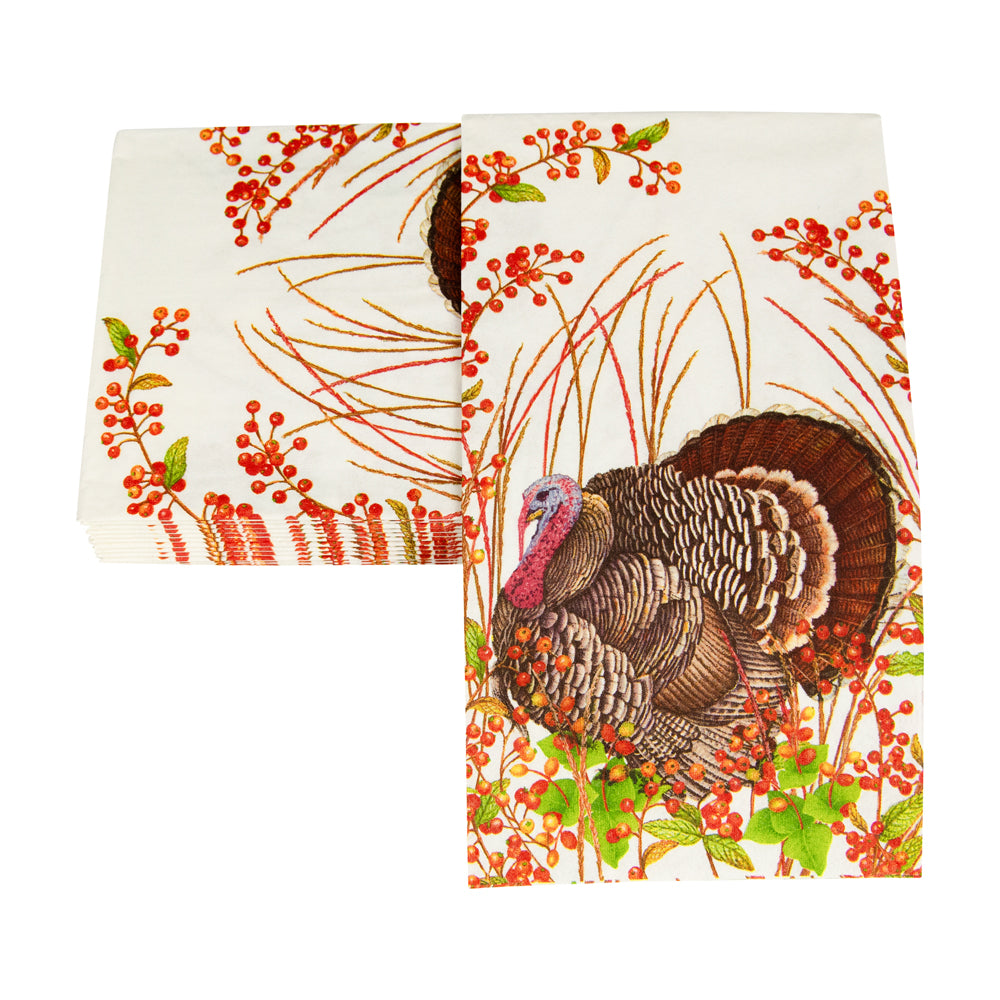 Caspari Turkey and Berries triple-ply paper guest towels perfect for Thanksgiving hosting and buffets.